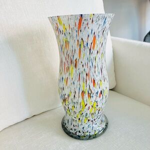 Vintage Mid Century Modern White Splatter Glass Murano Style Vase Made in Poland